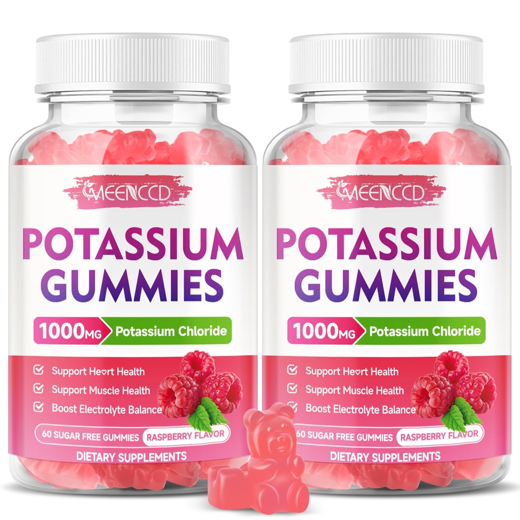 2 Pack Kalium Gummies, kaliumkloridi 1000 mg aikuisille, sokeriton kalium täydentää Gummies Tuki Electrolyte Balance & Leg Kramps naisten ja miesten, vadelma maku, 120