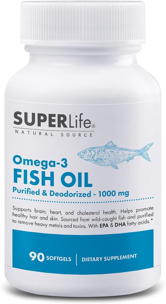 Omega-3 Fiskolja - 1000 mg Renad & Deodorized från vildfångad fisk med EPA & DHA fettsyror | Stöder hjärta, hjärna, hår och hudhälsa | Supplement - 90 Softgels