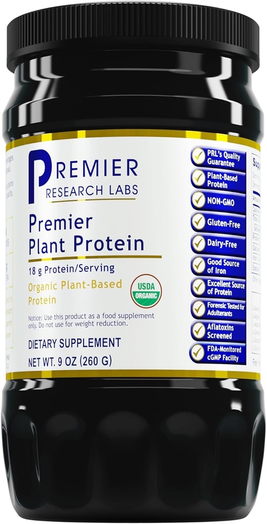 Premier Research Labs Plant Protein - Vegaani kasvispohjainen Pea Protein Powder, Organic, Dairy Free, Gluteeniton, Ei keinotekoisia makuja, kasvissyöjä, sisältää kurpitsa ja riisi proteiinia - 9 Oz