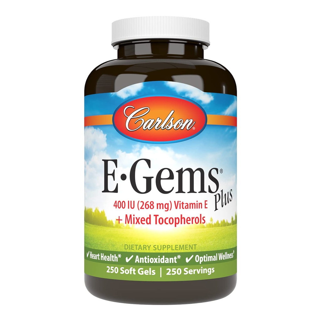 Carlson - E-Gems Plus, luonnollinen E-vitamiini 400 IU, tukee terve sydän, 250 pehmeää geeliä