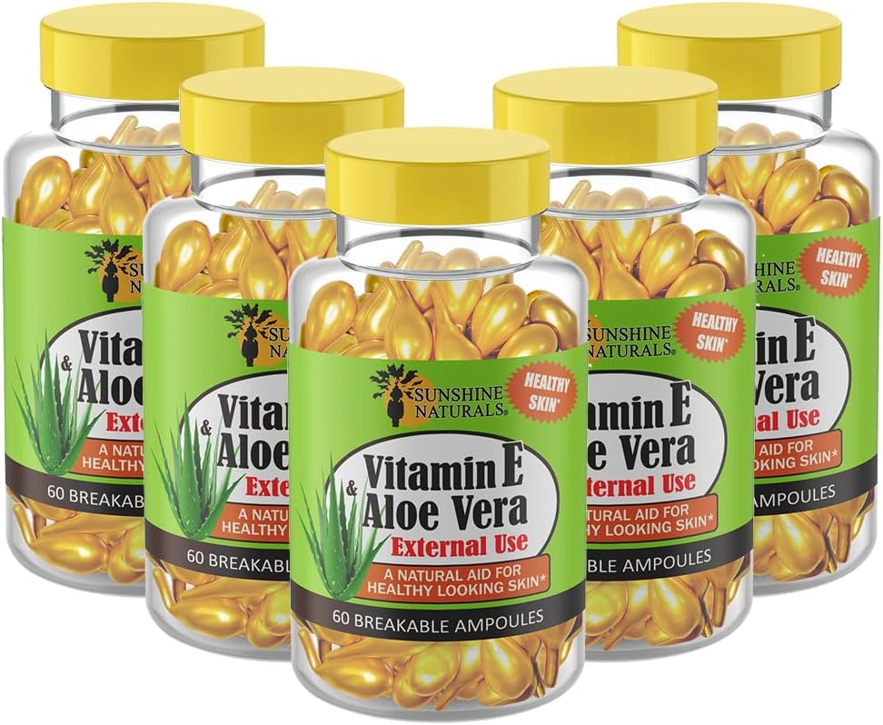 Sunshine Naturals E-vitamiini ja Aloe Vera Moisturizer. Hydrating Formula kuivalle iholle, rauhoittava helpotus, ravinto ja ihon elastisuus. Edistää pehmeä ja terve iho. 60 injektiopulloa. 5 kpl pakkaus