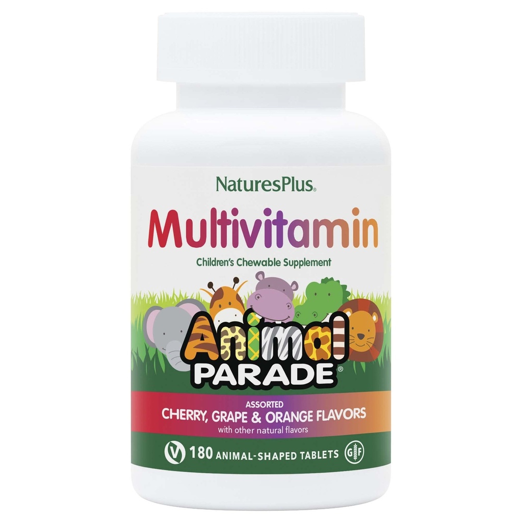 NaturesPlus Animal Parade Lasten pureskeltava monivitamiini - 180 Eläinten muotoillut tabletit - Luonnollinen valikoituja makuja - Kasvissyöjä, Gluteeniton - 90 Tarjoilu