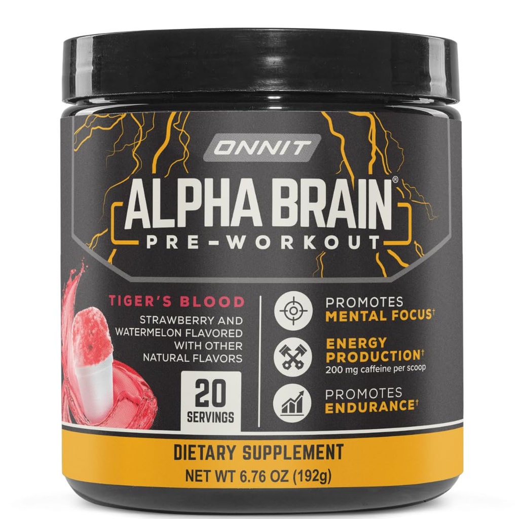 ONNIT Alpha Brain Pre-Workout Powder, Ingentm non-GMO testattu, Tiger's Blood Flavor, Pre-Workout täydentää naisille ja miehille, ravintolisä, 20 tarjoilua per Tub, 6.76 oz