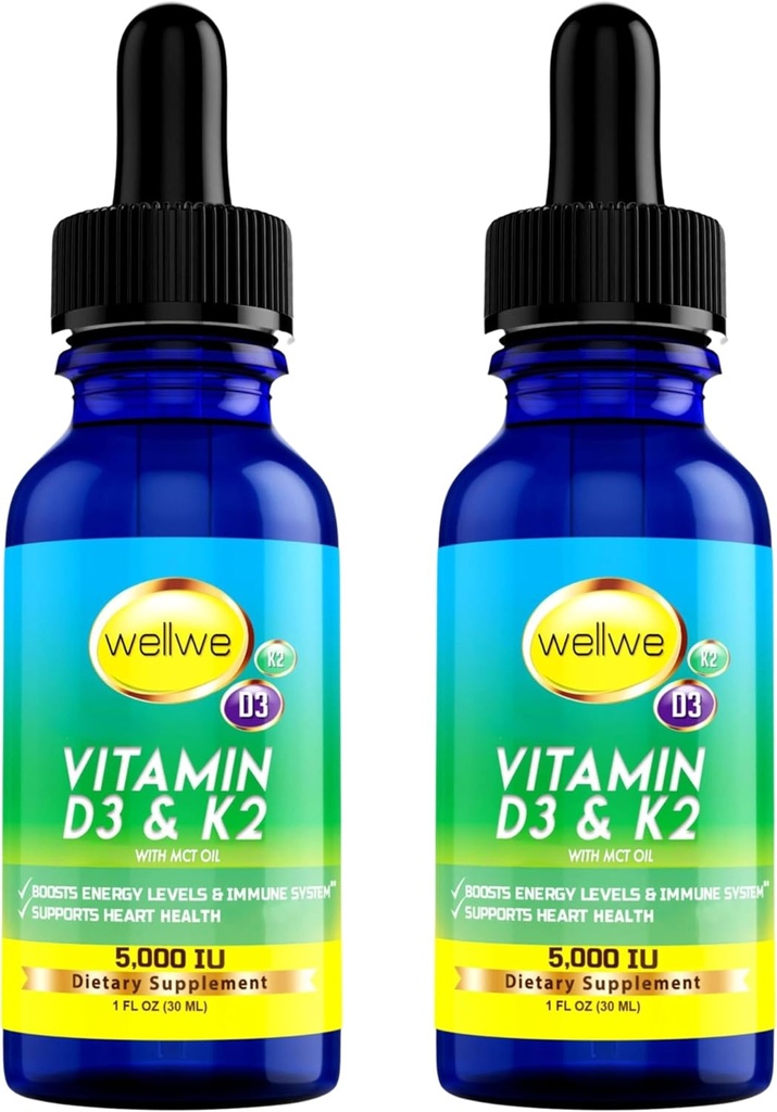 2 Pulloa Nestemäinen D3-vitamiini K2 Drops 5000 IU MCT-öljy - Vegaani nestemäinen D-vitamiini täydentää Boost Energy Levels, Mieliala ja immuunijärjestelmä, Ei makua, Ei Odor, Gluteeniton, ei-GMO, 2 Fl Oz