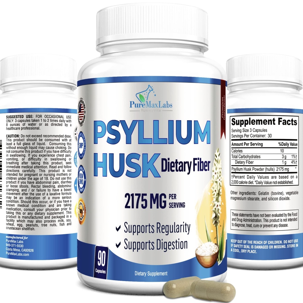 Psyllium Husk Dietary Fiber Supplement 2175mg, ei-GMO, 90 kapselia