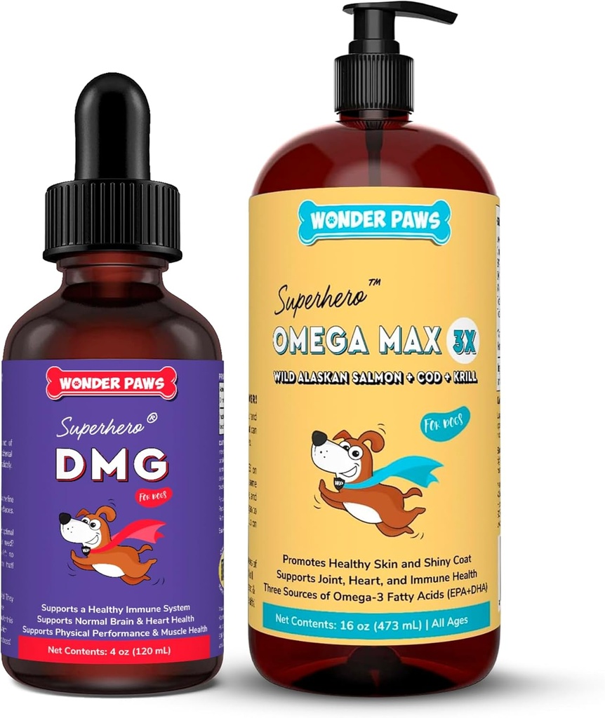 WONDER PAWS Premium DMG Liquid Plus Omega Max kalaöljy - koiran immuunituki, iho, allergiat, yhteinen hoito ja yleinen terveys DMG 4 Ounces - Omega Max 16 Ounces
