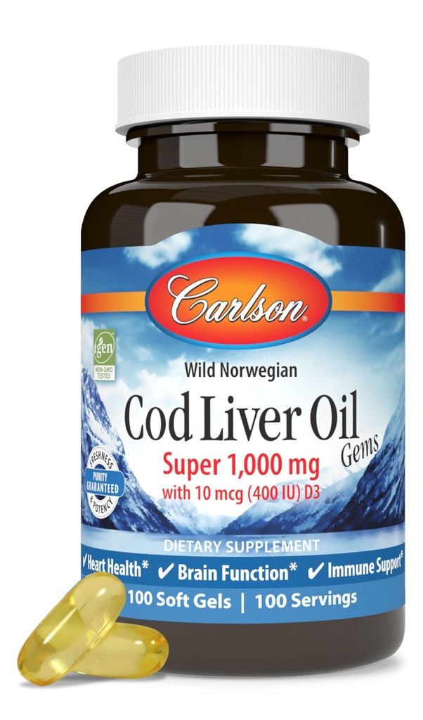 Carlson - Cod Liver Oil, Super 1000 mg + Vitamin A & D3, Wild Norwegian, Sustainably Sourced, 100 Softgels