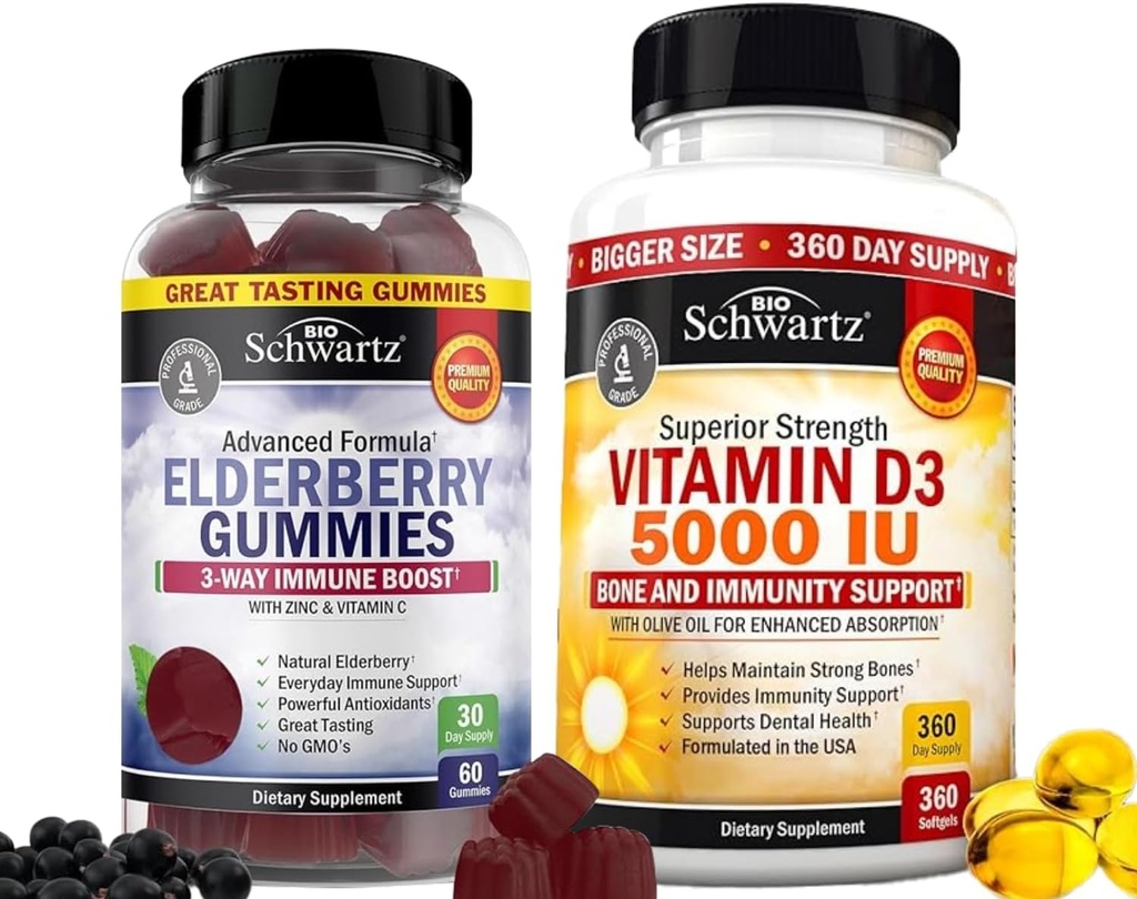 BioSchwartz Elderberry Gummies sinkki ja C-vitamiini aikuisille Immunosupport (1 kuukausi tarjonta) Plus suuri vahvuus D3-vitamiini 5000 IU 125 mikrog (1 vuosi tarjonta)