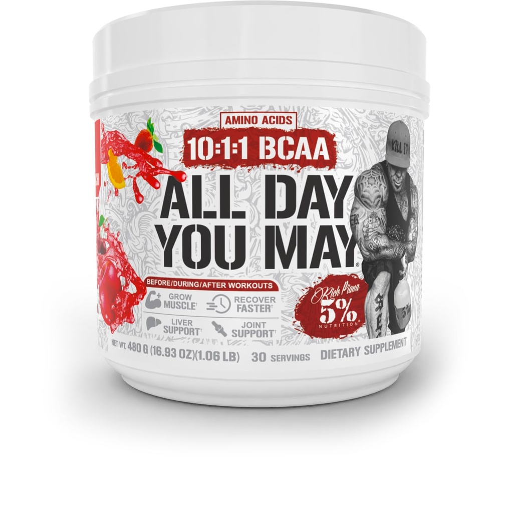 5% Nutrition Rich Piana AllDayYouMay BCAA Powder | Premium Intra & Post Workout Amino Acids, Hydration, Endurance, Muscle Recovery, Joint & Liver Support | 16,93 uns, 30 Servings (Fruit Punch)