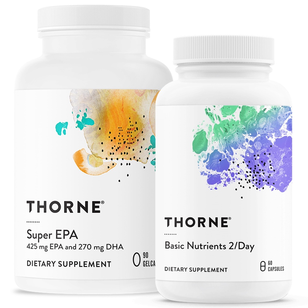 THORNE - Wellness Essentials Bundle - Omega-3 & Multivitamiini Combo - Super EPA & Perusravinteet 2/päivä - 30 Tarjoilut