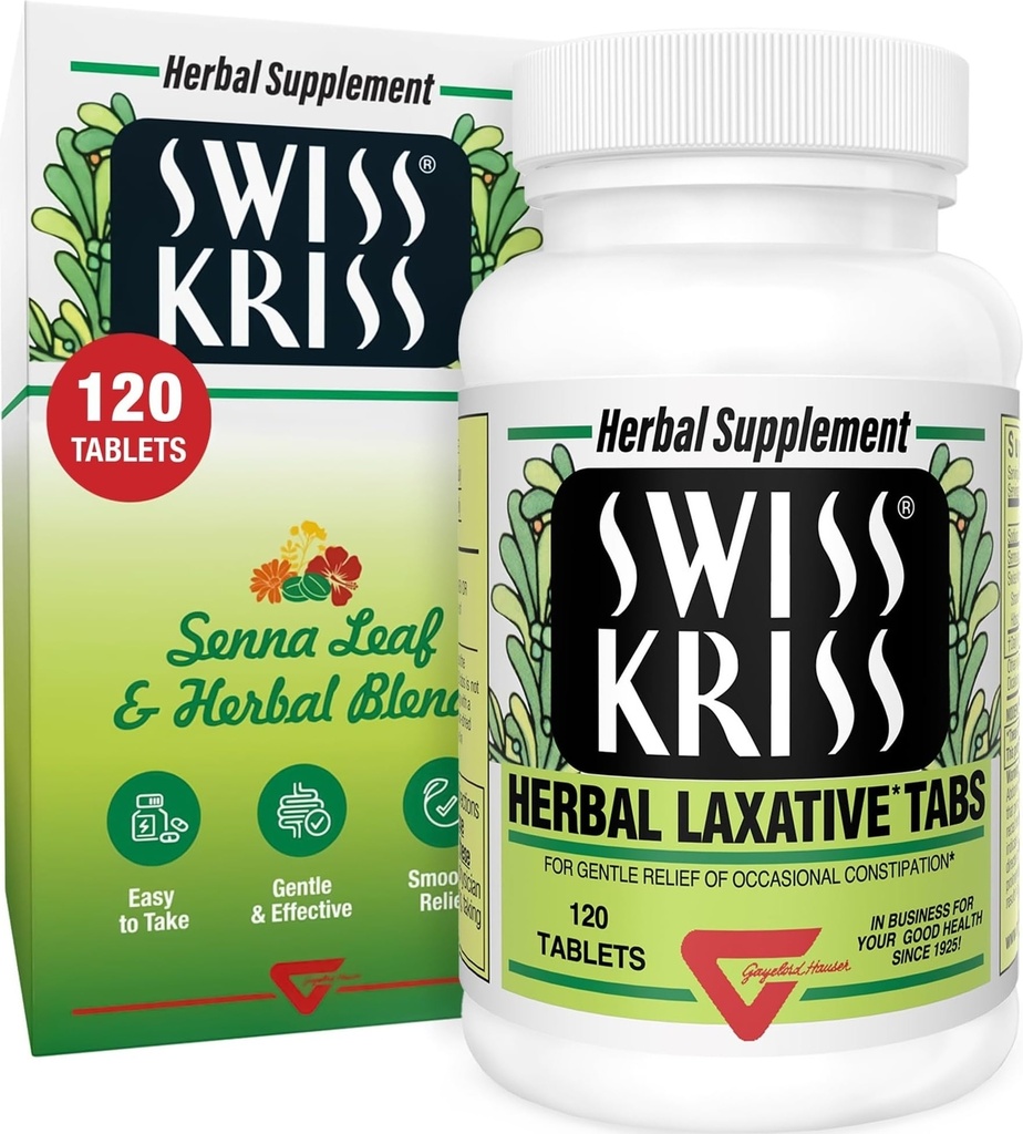 Swiss Kriss kasviperäisiä laksatiivisia tabletteja, hellävaraisia ja luonnollisia laksatiiveja ummetuksen lievittämiseen aikuisille ja lapsille yli 6-vuotiaille, toimii 6-12 tuntia, Senna laksatiivinen, 120 tablettia Yhteensä