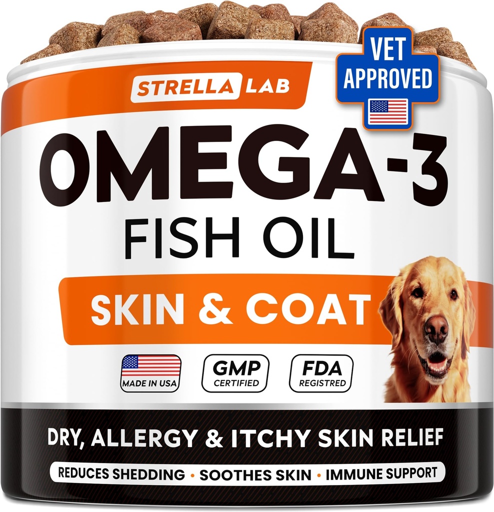 StrellaLab Omega 3 koirille - (180Ct) Kalaöljyhoidot - Allergia ja kutina Relief Iho ja turkki täydentää - kuiva kutiava iho, anti sheddding & Hot Spot hoito - lemmikkilohen öljy Chews - Chicken Flavor