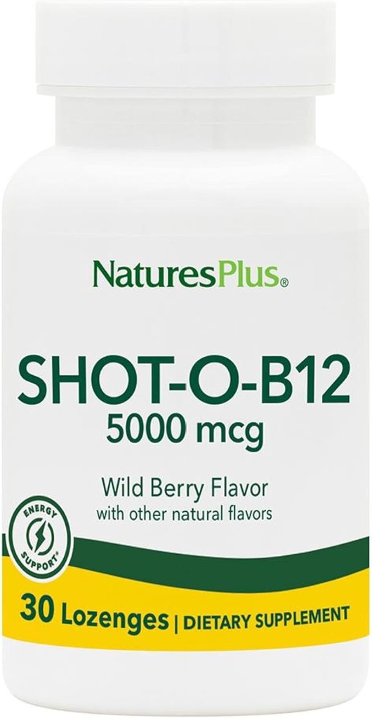 NaturesPlus Shot-O-B12-30 Lozenges, Wild Berry Flavor - 5000 mikrog - Vegan, Gluteeniton - 30 tarjoilua