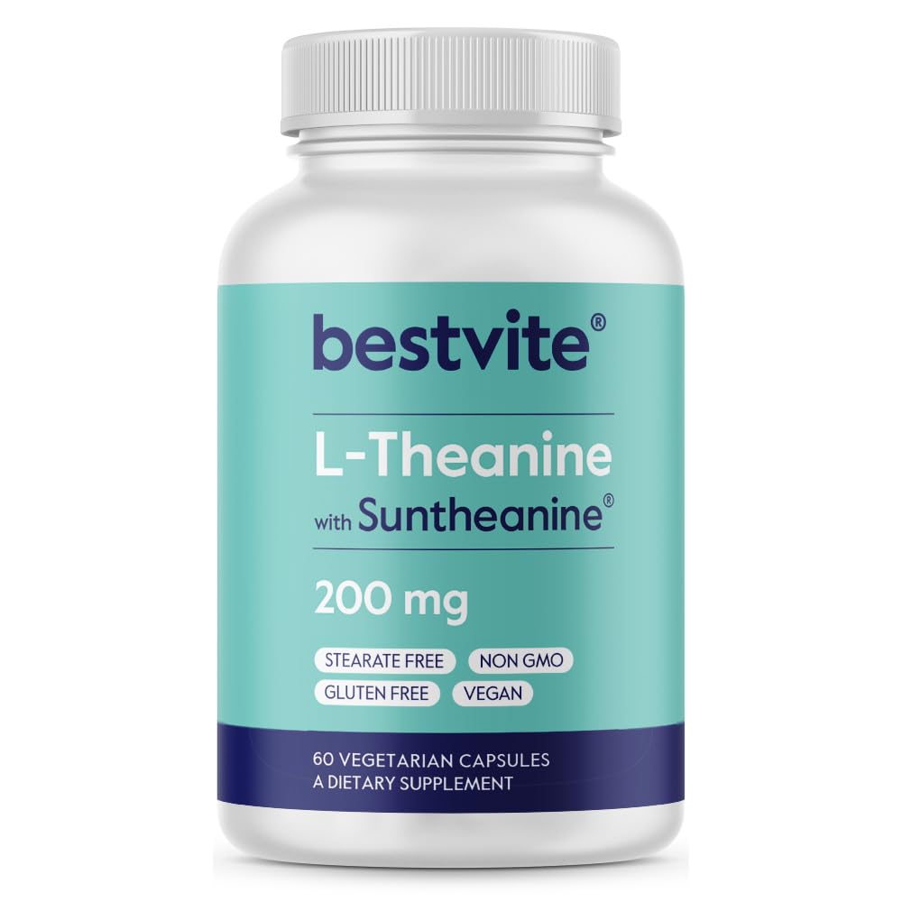 BESTVITE Double Strength Suntheanine L-Theanine 200mg – Patented & Clinically Studied – 60 Vegetariska kapslar – Vegan – No Stearates – Non GMO – Gluten Free – Relaxation Support