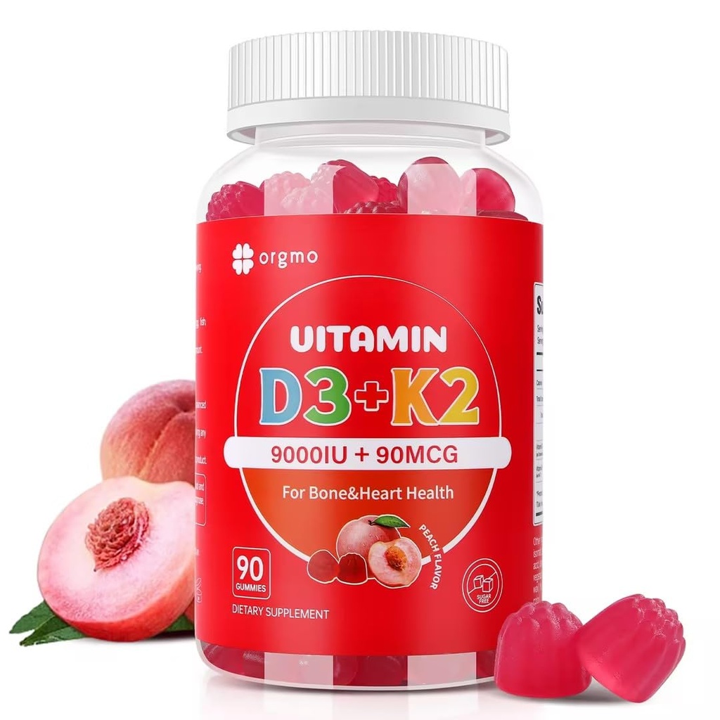 Vitamin D3 K2 Gummies - 90 Count Sugar Free Vitamin D3 9000 IE + K2 (MK-7) 90 mcg för Bone & Immune Health, Vegan Chewable K2 D3 Vitamin Supplement för kvinnor Män (Peach Flavor)