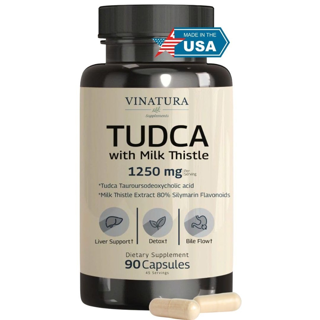 VINATURA TUDCA maito Thistle 1250mg - Tudca täydentää, Tudca Bile suolat, maksan tuki, sappirakon täydentää *USA Made and Tested * Bile Salts täydentää - 90 kapselia