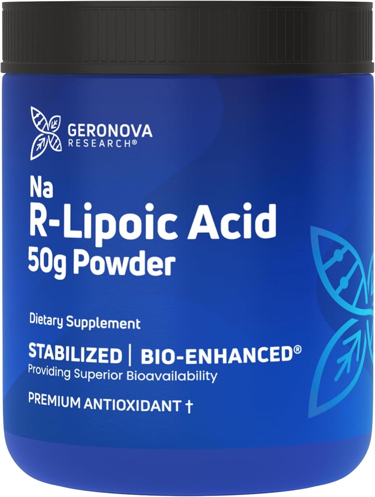 Geronova Tutkimus Bio-Enhanced Na R-lipoic Acid Powder, 50g - 4 kuukauden toimitus - Vakautettu R Alpha Lipoic Acid Powder for Flexible Annostus - Helppo sekoittaminen ja tehostettu Imeytyminen Nerve tuki täydentää