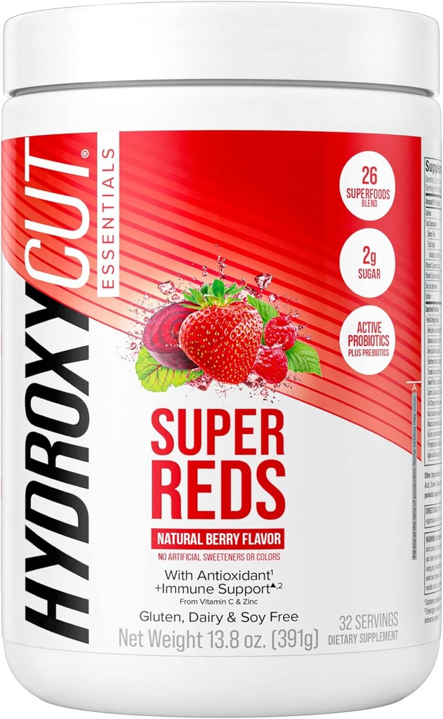 Hydroksicut Essentials Super Reds Superfood Powder ... C-vitamiinia ja sinkkiä immuunitukeen... Probiootit 26 Superfood Blend ... Soijaa, gluteenia ja maitotuotteita (32 tarjoilua)