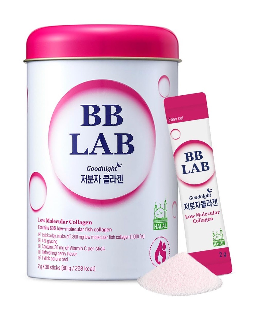 BB LAB Good Night Low Molecular Collagen Powder Stick Supplement, Halal Certified, Korean Marine Collagen, Fish Collagen Peptides, C-vitamiini, Glysiini, nopea absorptio, Mix Berry Flavor