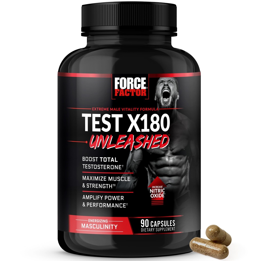 FORCE FACTOR Test X180 Unleashed Testosterone Booster for Men to Build Muscle, Increase Strength och Improve Performance, Testosteron Supplement för Mäns hälsa, 90 kapslar