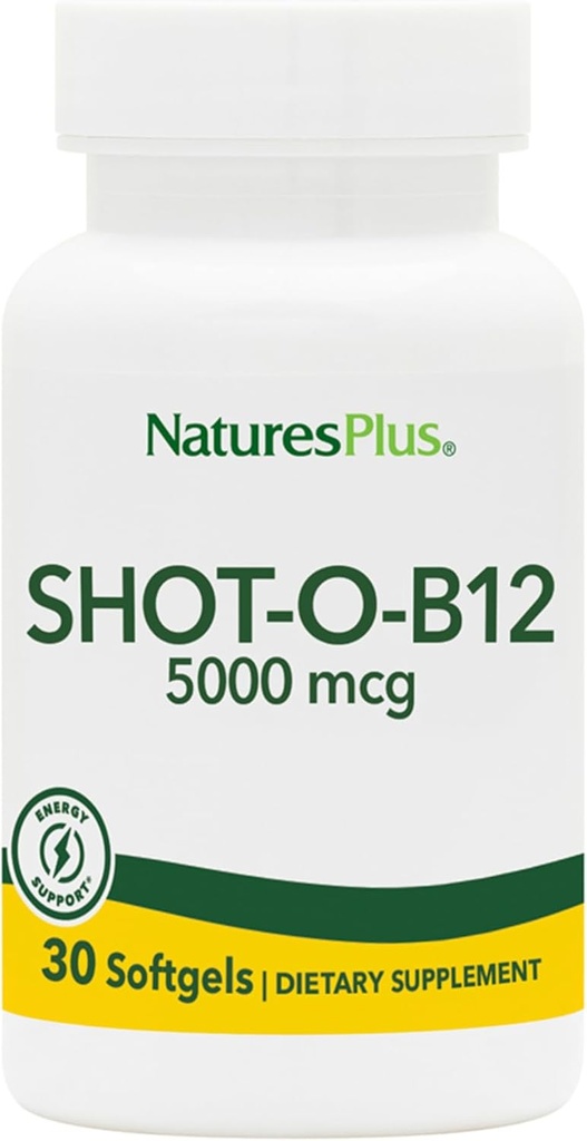 Natures Plus Shot-O-B12 (Cyanocobalamin) - 5000 mcg, 30 Softgels - High Potency, Fast Acting B12 Supplement - Memory & Energy Booster - Glutenfri - 30 portioner