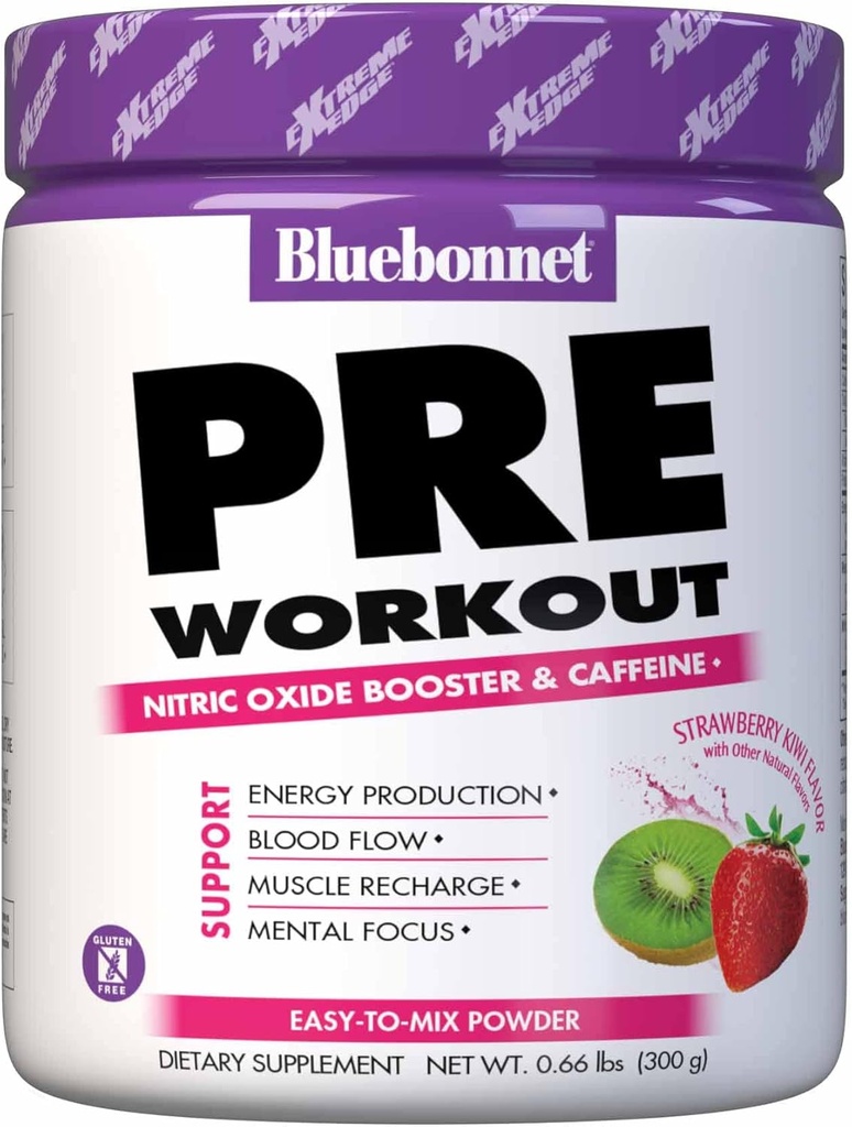 Bluebonnet Nutrition Extreme Edge Pre Workout, Muscle Recharging Formula*, Ökar Nitric Oxide (NO) Nivåer*, Soy-Free, Dairy-Free, Strawberry Kiwi, 30 Servings, 10.56 Ounce