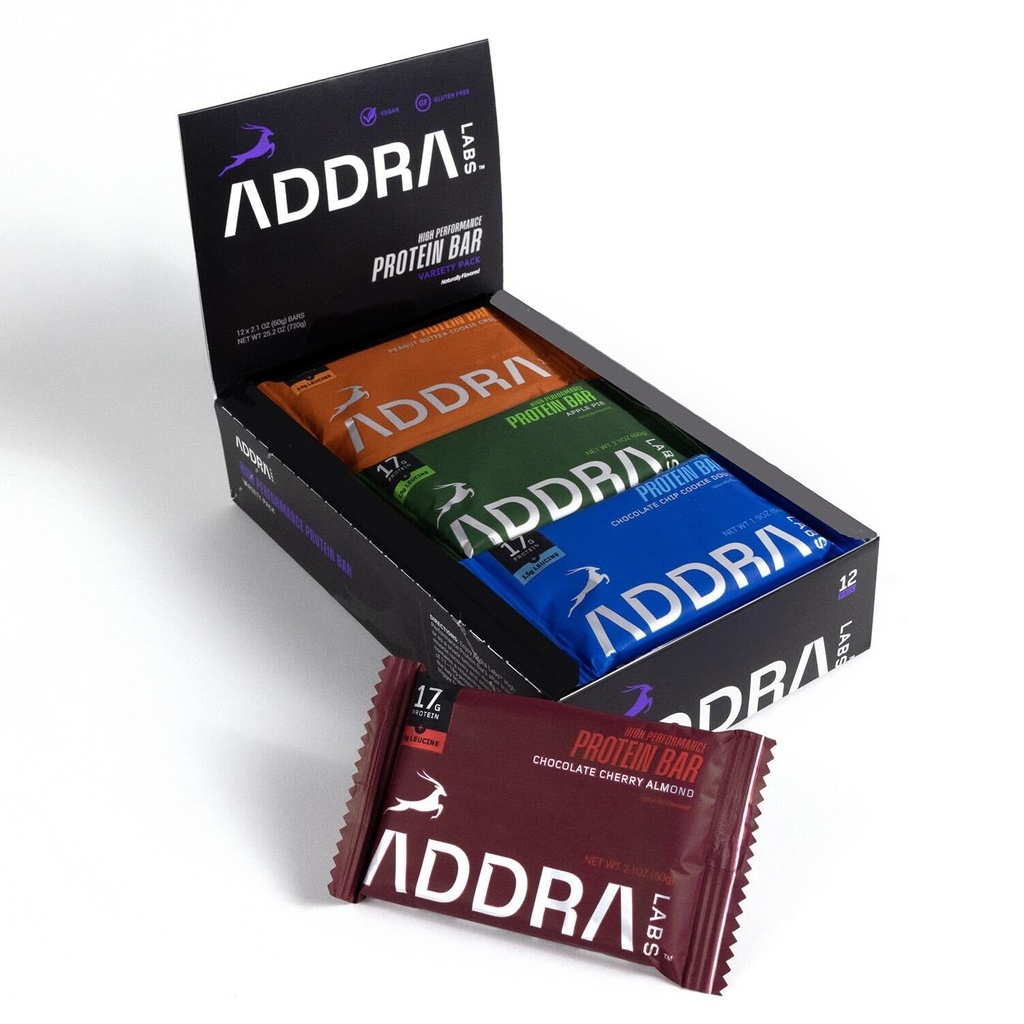 ADDRA Protein Bars - Gluten-Free, High-Protein Muscle Recovery Bars för löpare, 17g Protein + 1.5g BCAA Leucine, Low Sugar, Vegan, Plant-Based, & Dairy Flavors, Mixed Case Variety Pack, 12-Pack