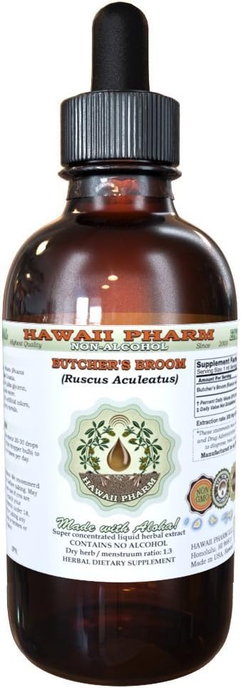 Teurastajan luuta alkoholiton nesteuute, Orgaaninen teurastajan luuta (Ruscus aculeatus) Kuivattu juuri Glycerite Havaiji Pharm Natural Herbal täydennysosa 4 oz