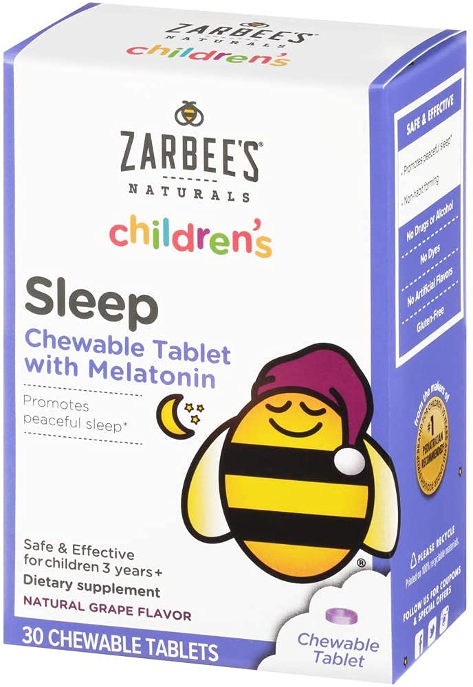 Zarbee lapset 1 mg Melatoniini purutabletti, huumeeton ja tehokas unilisä, helppo ottaa luonnon viinirypäleen maku tabletteja lapsille ikä 3 ja ylös, 30