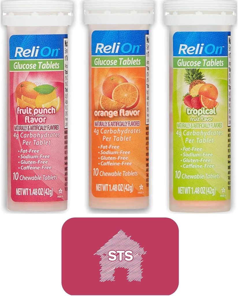 Relion Glucose Tabletit (Mix Flavors) Oranssi, trooppinen ja hedelmien lyönti - Yhteensä 30 tablettia + STS Tarra.