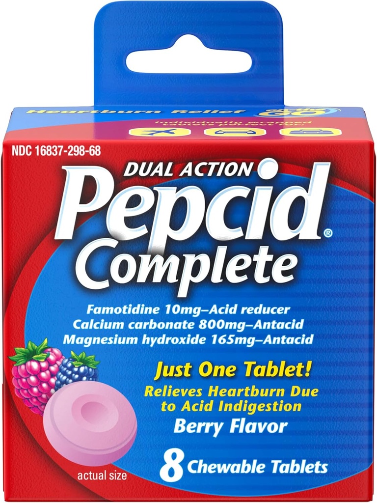Pepcid Complete Acid Reducer + Antasidi Acid Refluxille, 10 mg fomotidiinia, 800 mg kalsiumkarbonaattia & 165 mg magnesiumhydroksidia/ Heartburn Medicine Tablet, Antasidit Chews, Berry, 8 lla