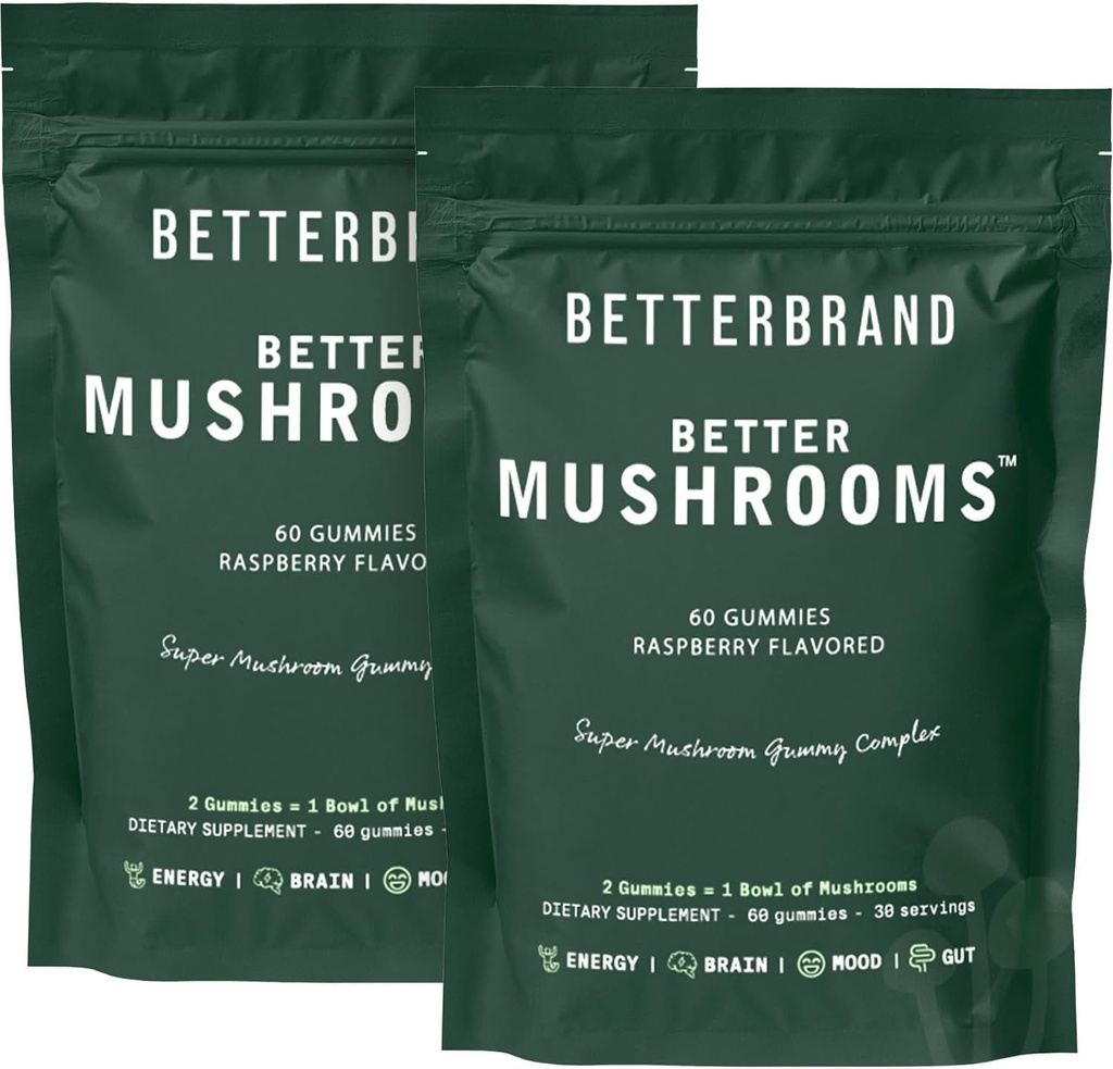 Betterbrand BetterMushrooms Nootrophic Gummies - Tukee parempaa Gut Health, Kognitiivinen toiminto, Mental Clarity kanssa 10 Toiminnallisia sieniä - 60 Gummies - Vadelma maku - Pakkaus 2
