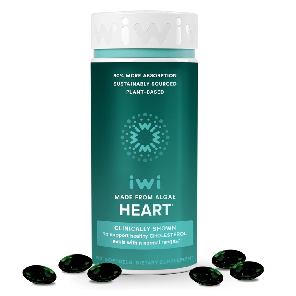 Iwi Life Heart Omega-3, 60 Softgels (30 portioner), Vegan Plant-Based Algae Omega Fatty Acids + EPA, Heart Health Support Dietary Supplement, Krill & Fish Oil Alternative, No Fishy Aftertaste