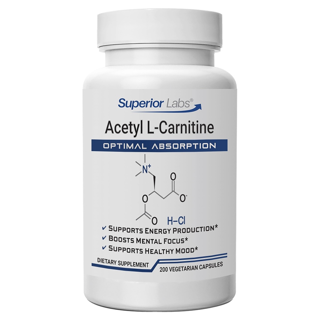 Superior Labs Acetyl L- Carnitine 500 mg, High Potency ALCAR, Pure non-GMO, Zero Synthetic Additives, Maksimaalinen imeytyminen, energia- ja rasva-aineenvaihdunta, aivot, hermojen ja solujen detox- tuki, (200 Veg Caps)