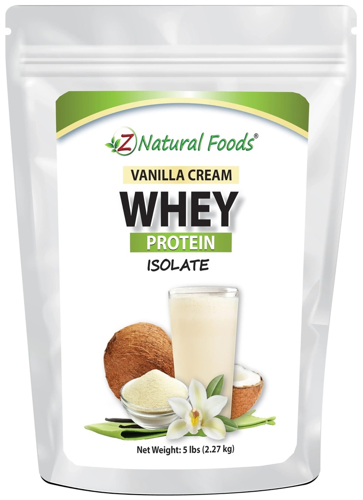 Z Natural Foods Vanilla Cream Whey Protein Isolate, Nutrition-Rich, smakfull proteinpulver för hjärthälsa och immunitet, bra i te, kaffe, Smoothie, icke-GMO, Gluten-Free, Kosher, 5 lbs