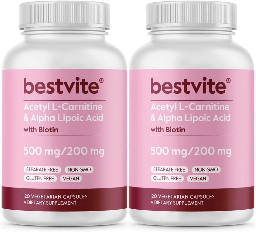 BESTVITE Acetyl L-Carnitine 500mg & Alpha Lipoic Acid 200mg per kapsel med Biotin (240 vegetariska kapslar) (120 x 2) - No Stearates - Vegan - Non GMO - Gluten Free