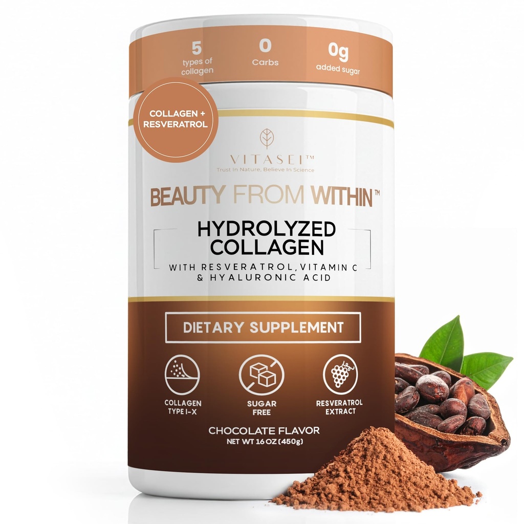 Hydrolysed Collagen Peptides Powder with Vitamiini C & Resveratrol - Hiukset, iho ja kynnet Vitamiinit naisille ja miehille - Luu ja Joint Suklaa Maku - 16 oz