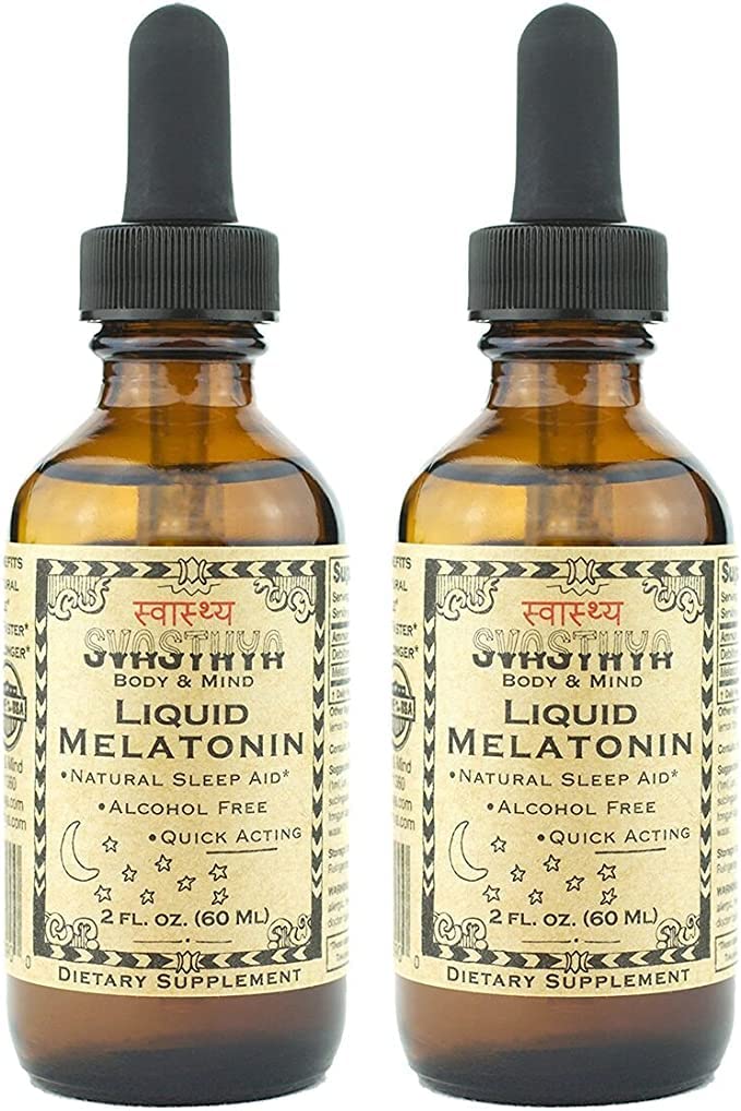 SVASTHYA BODY & MIND Liquid Melatoniini - edistää luonnon uni - Alkoholiton aikuisille ja lapsille, Valmistettu Yhdysvalloissa, 2 oz, pakkaus 2
