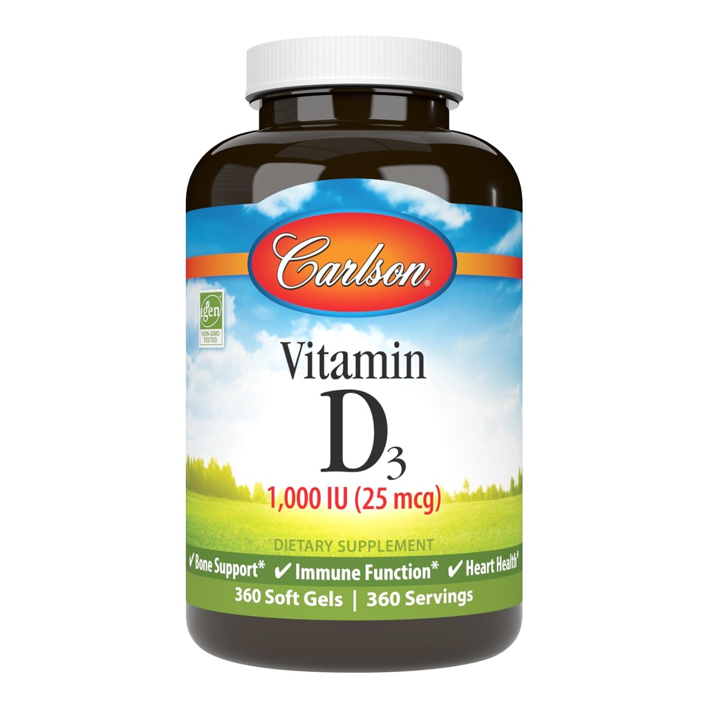 Carlson - D3-vitamiini, 1000 IU (25 mikrog), luunterveys, lihasterveys, kolekalsiferoli, D-vitamiinilisät, D3-vitamiini, 360 pehmeää geeliä