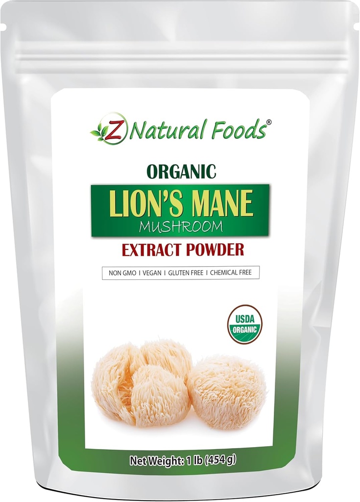 Z Natural Foods Organic Lion Mane Mushroom Extract Powder, Vitamin-Rich Superfood Powder, Perfekt för Te och Smoothies, Non-GMO, Vegan, Gluten-Free, Kosher, 1 lb.