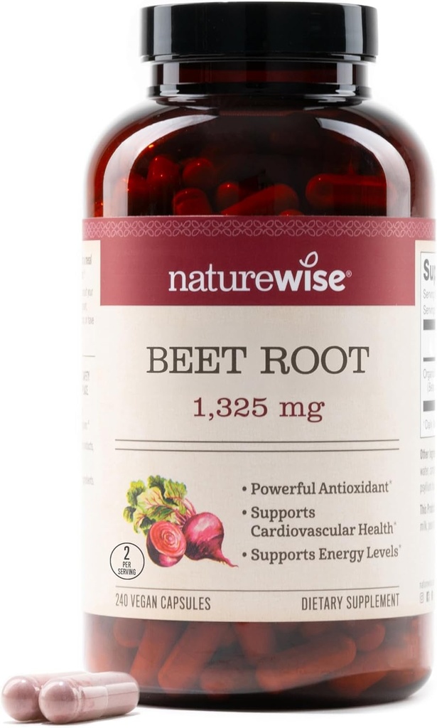 NatureWise Beet Root Capsules 1325mg med Organic Beetroot - Nitric Oxide Booster for Circulation and Heart Health Support - Vegan, Gluten-Free, Non-GMO - 240 Capsules[120 Day Supply]