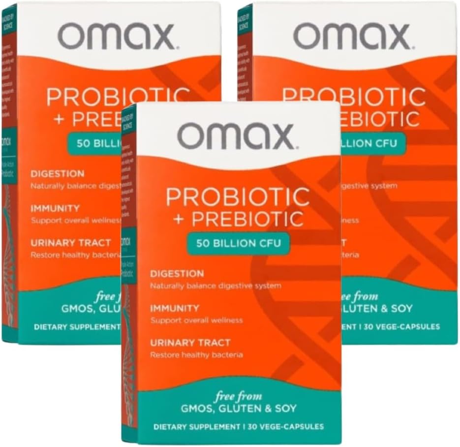 Omax3 Prebiootti & Probiootti 50 miljardia PMY + Chicory Inulin, 10 kanta, vähentää turvotusta, digestiota, SIBO, Vuotava Gut, emättimen pH, Acidophilus, Vegan, Dairy Free, Gluteeniton, Läpipainopakkaus pakattu (2 pakkaus)