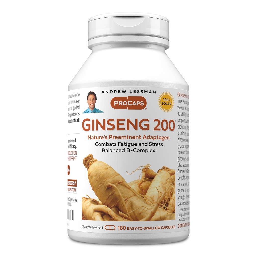 Andrew LESSMAN Ginseng 200mg - 180 kapselia - Standardoitu uute tukemaan hyvinvoivaa. Adaptogen, ehkäisee väsymystä ja stressiä. Lievä, pieni, helppo niellä kapselit. Ei lisäaineita
