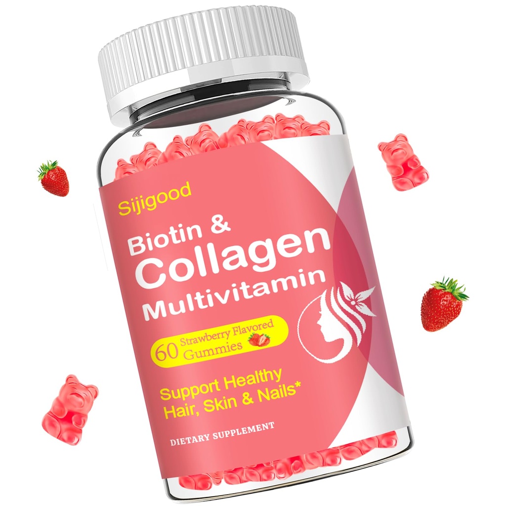 Collagen Gummies for Women Miehet, Naiset Yli 50, Collagen Peptides Proteiini tyyppi I, II, III, V, X Biotiini Keratin C-vitamiini A D E B12 K2 ihokarvakynnet Immuniteetti energia 60 mansikkamakuisia Gummies