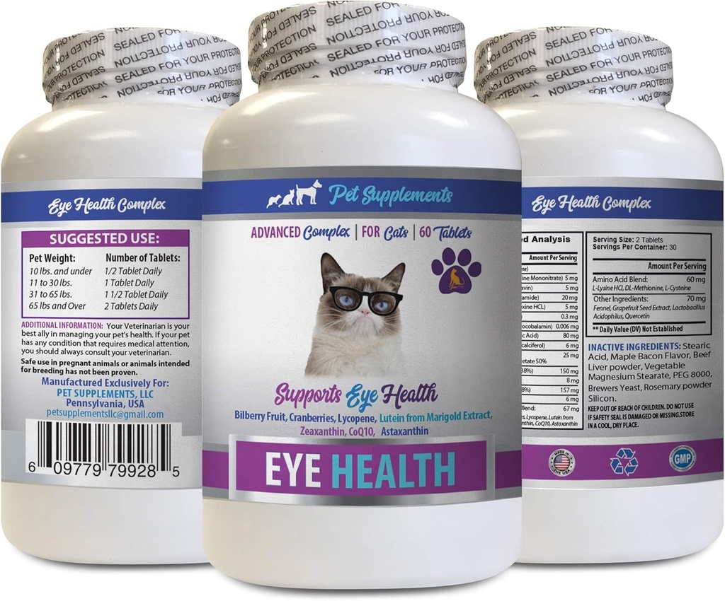 Cats Eye Vitamins - Cats Eye Health Complex - Avancerad formel för ögonsyn - Immune Boost - katt astaxanthin - 1 flaska (60 tabletter)