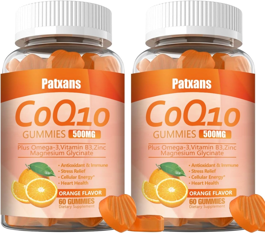 2 pakkausta 500MG CoQ10 täydentää Gummies, Omega-3, Magnesium, B-vitamiini3, Sinkki, Ultra korkea imeytyminen tarjoaa tervettä tukea sydämen, solujen energiaa ja antioksidantteja, 120Cts.