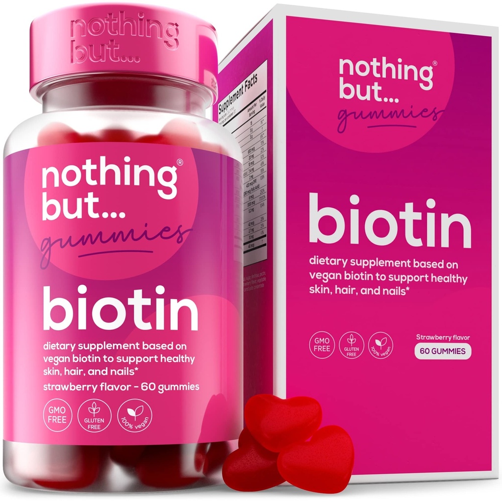 Biotin Gummies för hårväxt 5100 mcg - hår, hud och naglar vitaminer för män och kvinnor - med folsyra, vitaminer A, C, E & D och extra styrka för snabbare hår och nageltillväxt, 60 Gummies