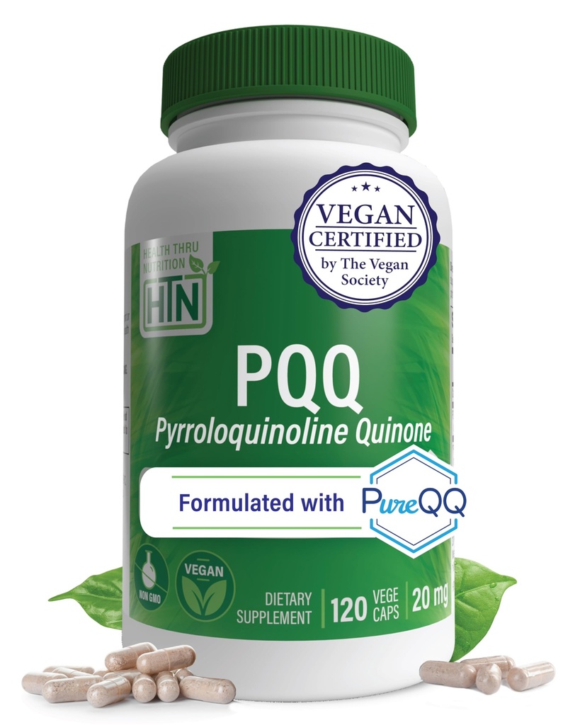 Health Thru Nutrition PQQ 20mg 120 Servings Pyrroloquinoline Quinone som PureQQ | Främjar Mitochondrial Biogenesis | Certified Vegan | Non-GMO Gluten Soy Free Capsules | Clean Label PQQ Tillägg