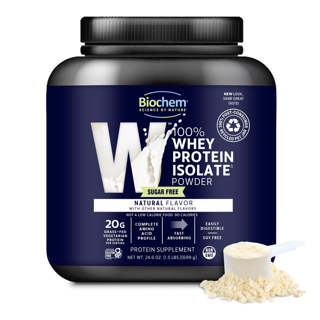 Biochem 100% Whey Isolate Protein Powder - Grass Fed, Low Carb, Keto-Friendly, Non-GMO, Gluten-Free - Stöder Immune Health & Muscle Recovery 20g Vegetarian Protein per Servering - Naturlig smak, 1.5lb