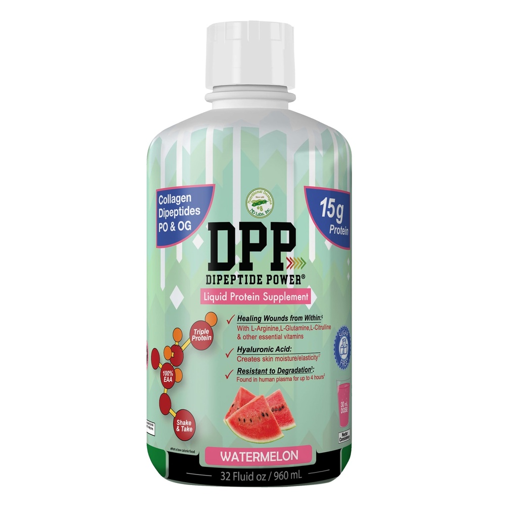 Nutritional Designs DPP Dipeptide, Haava-Healing Liquid Collagen & Whey Protein Sugar-free, edistää terve iho & hiusten miesten & naisten (Watermelon, pullo, 32 Fl Oz)